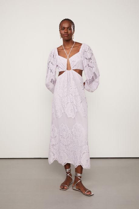 Vestido De Renda Midi Lilás Manga Ampla Lilas Pastel - 42