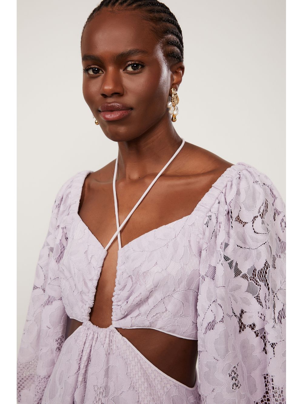 Animale — Vestido De Renda Midi Lilás Manga Ampla