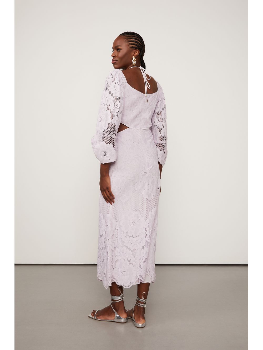 Animale — Vestido De Renda Midi Lilás Manga Ampla