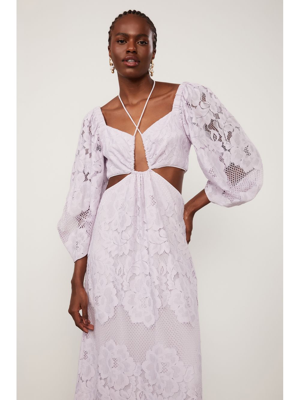 Animale — Vestido De Renda Midi Lilás Manga Ampla