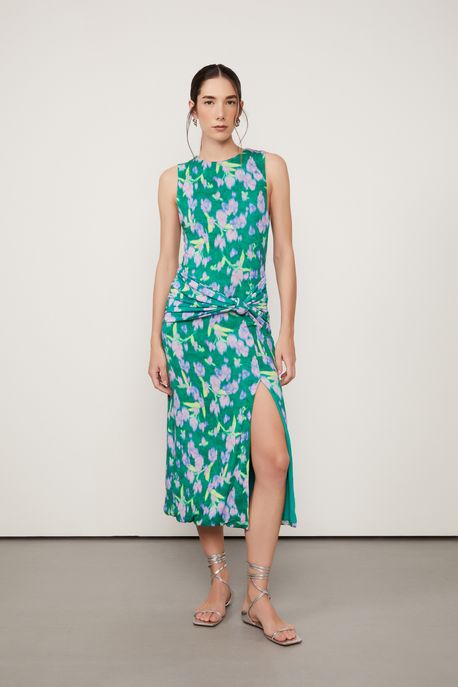 Vestido De Malha Midi Floral Com Amarração Est Floral Vagalume Color - M