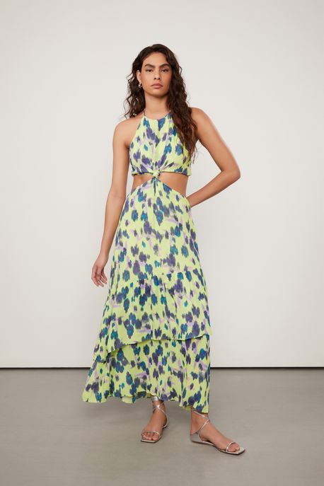 Vestido De Georgette Pesado Midi Recorte Na Cintura Estampado Nó Est Floral Vagalume Lima - 42
