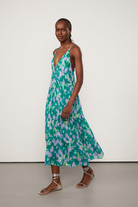 Vestido De Georgette Leve Midi Estampado De Alça Est Floral Vagalume Color - 42