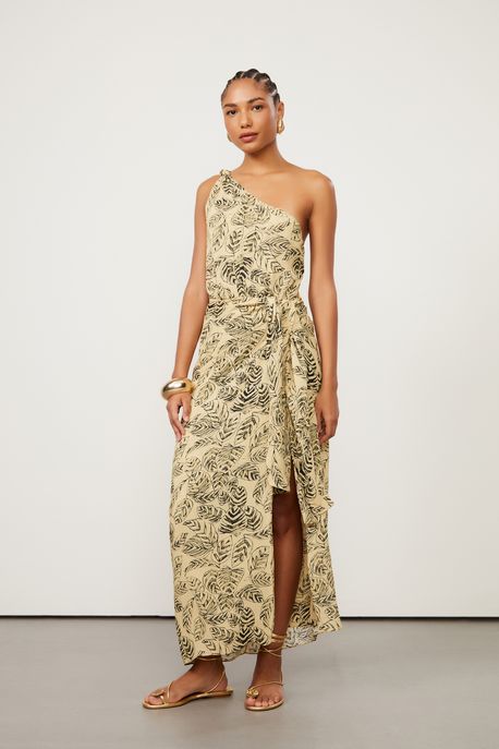 Vestido De Georgette Pesado Midi Um Ombro Só Estampado Est Folhagem Sketch Golden - 34