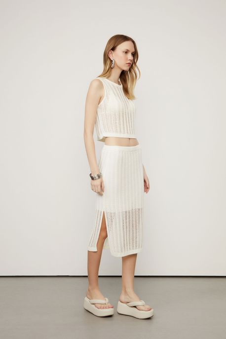Saia Midi De Tricot Com Ponto Diferenciado Off White - G