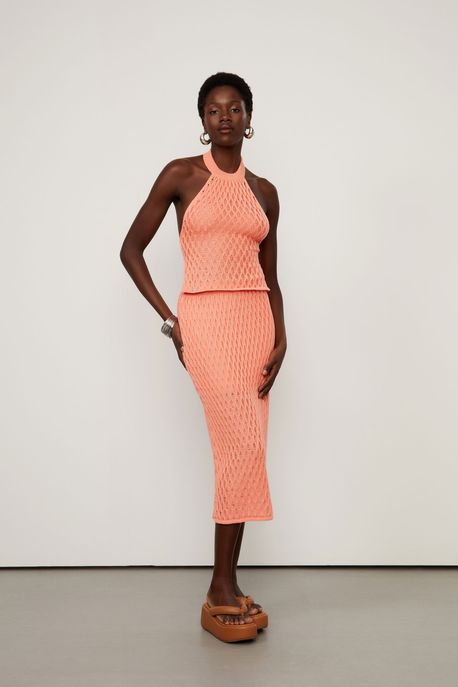 Saia De Tricot Midi Com Lurex Coral Camelia - P