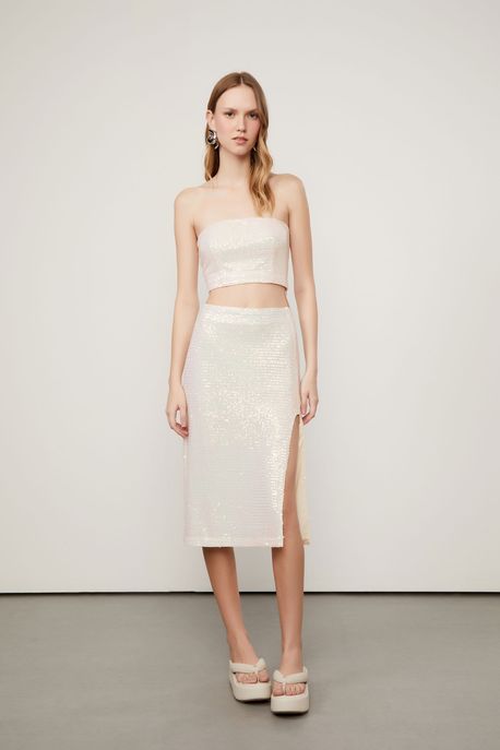 Saia De Paetê Com Fenda Bege Reflexo - P