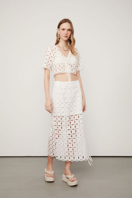 Saia Midi De Laise e Amarração Lateral Off White - P