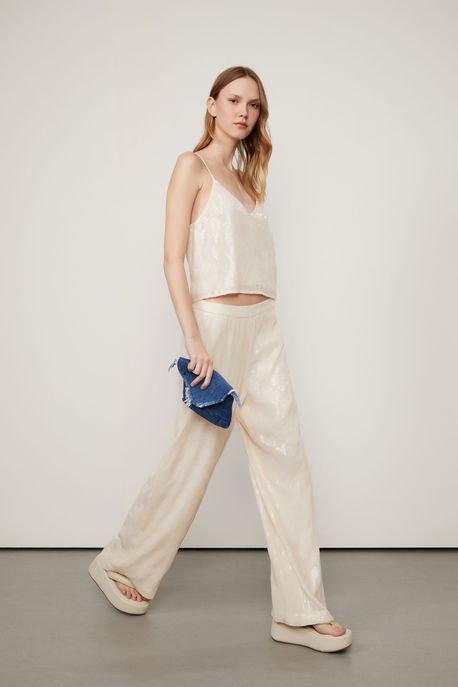 Calça Pantalona De Paetê Bege Betula - P
