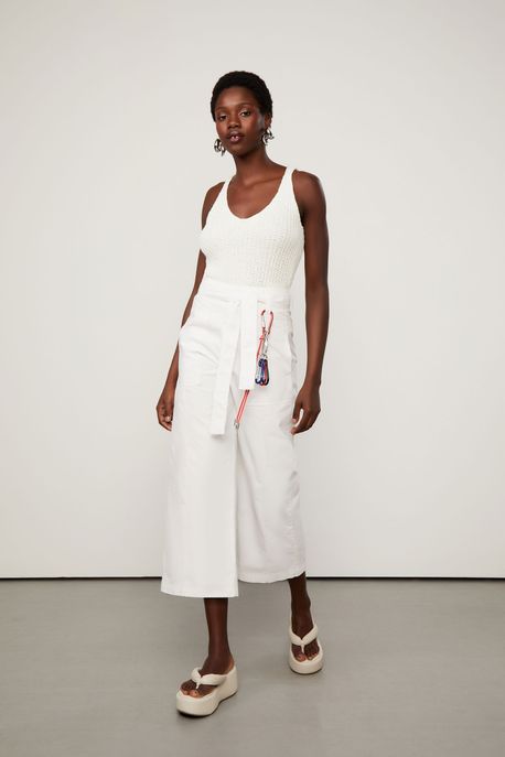 Calça Sarja Pantacourt Com Mix Voil Bordado Off White - 36