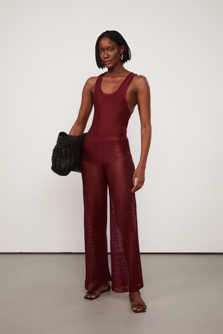 Calça De Tricot Vazado Marrom Marrom Bordo - G