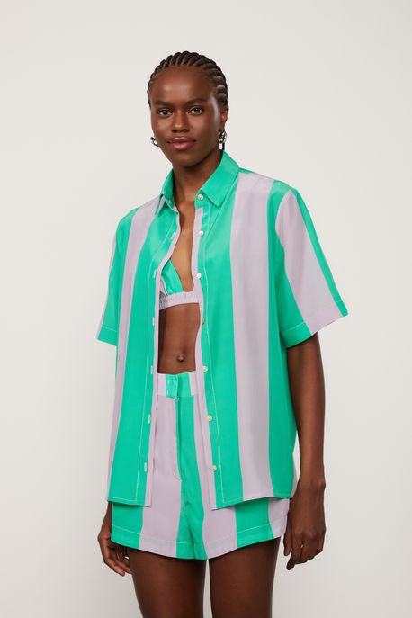 Camisa De Seda Manga Curta Estampada Com Top Est Listra Boreal Simply e Pastel - 42