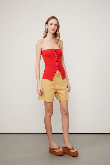 Blusa De Tricot Sem Alça Com Botões Vermelho Mistico - M