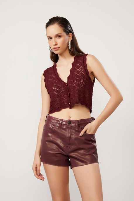 Short Sarja Box Com Barra a Fio Like Leather Marrom Bordo - 44