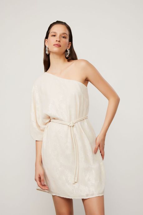 Vestido De Paetê Assimétrico Bege Betula - G