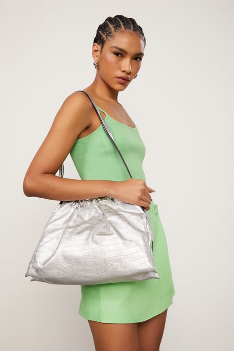 Bolsa De Couro Sac Croco Prata - U