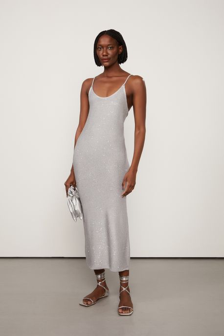 Vestido De Tricot Paetê Midi De Alça Prata - P