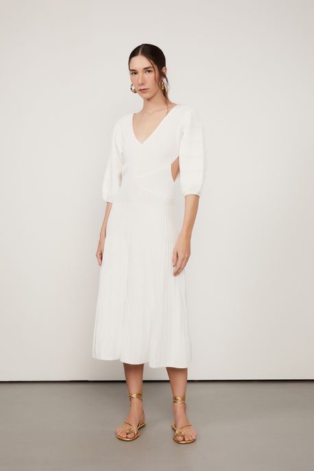 Vestido De Tricot Midi Canelado Ondas Off White - G