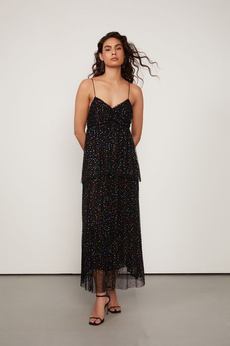 Vestido De Tule Longo Preto Camadas Com Hotfix Preto - 40
