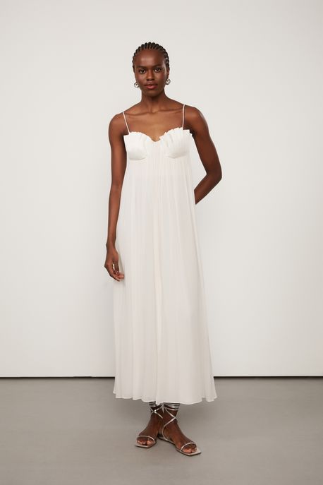 Vestido De Georgette Longo Bege Busto Drapeado Bege Betula - 40