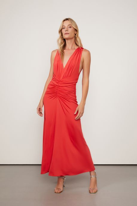 Vestido De Malha Longo Vermelho Franzido Vermelho Mistico - G