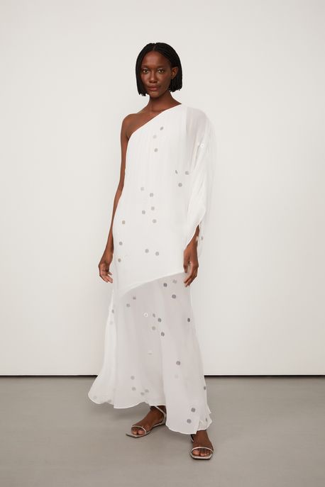 Vestido Longo Branco Um Ombro Só Bordado Branco - 42