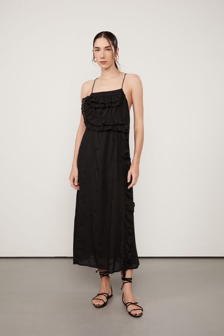 Vestido Midi Com Babados Preto - 42