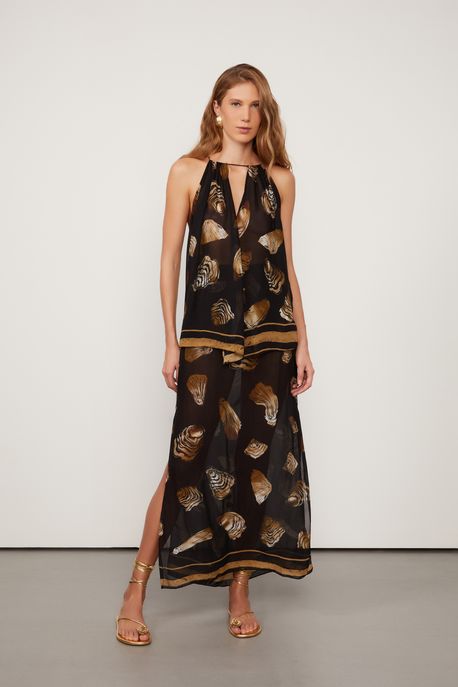 Vestido De Viscose Midi Conchas Lenço Resort Fig Ostra Preto p - 36