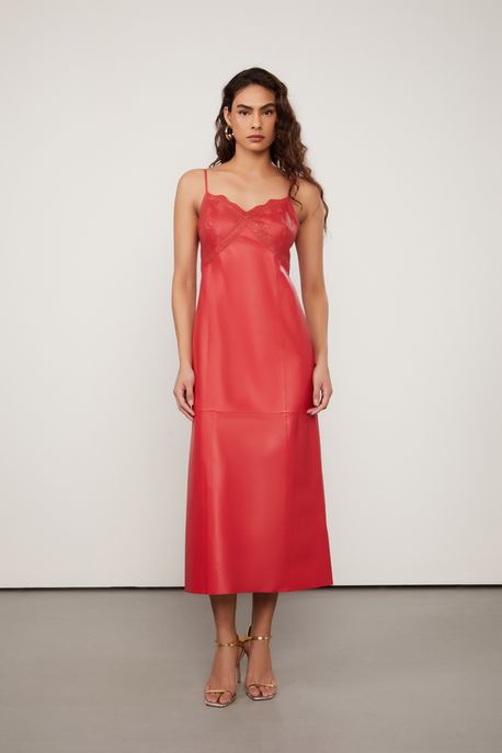 Slip Dress De Couro Bordado Midi Vermelho Mistico - 36