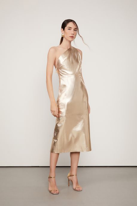 Vestido De Couro Um Ombro So Metalizado Champagne - 44