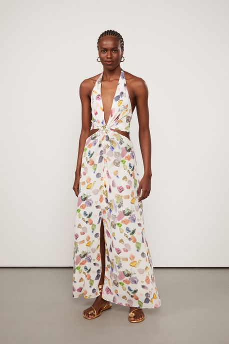 Vestido De Georgette Pesado Longo Frente Única Estampado Recorte Cintura Est Fig Mineral Kirli - 42
