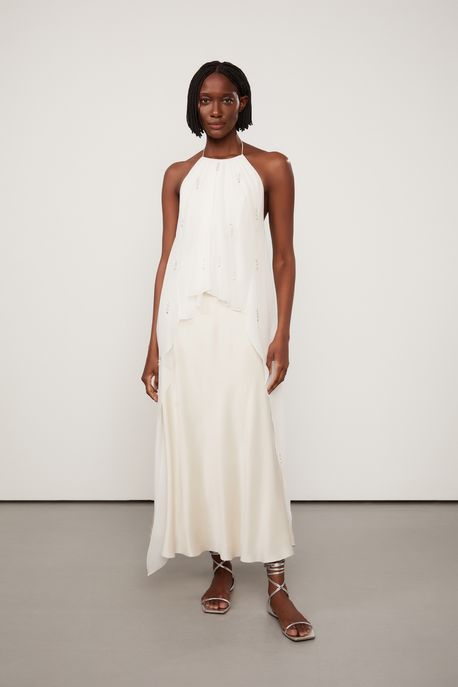 Vestido De Seda Longo Fluido Off White Bordado Bege Whitecap - 42