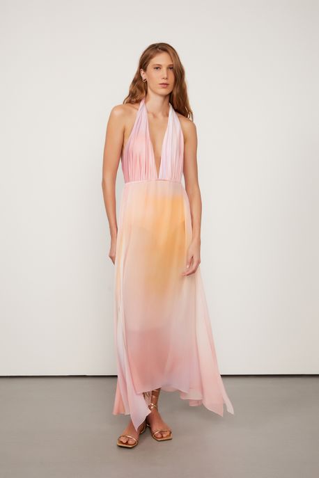 Vestido De Georgette Leve Longo Frente Única Estampado Est Textura Amanhecer Color - 42