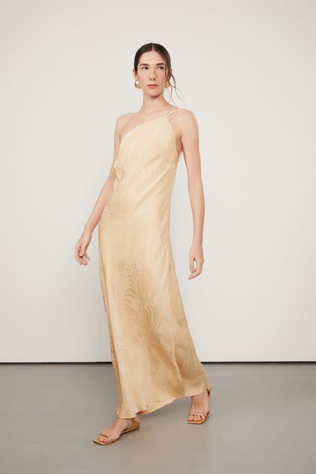 Vestido Jacquard Longo Um Ombro Só Bege Amarração Costas Bege Golden - 40