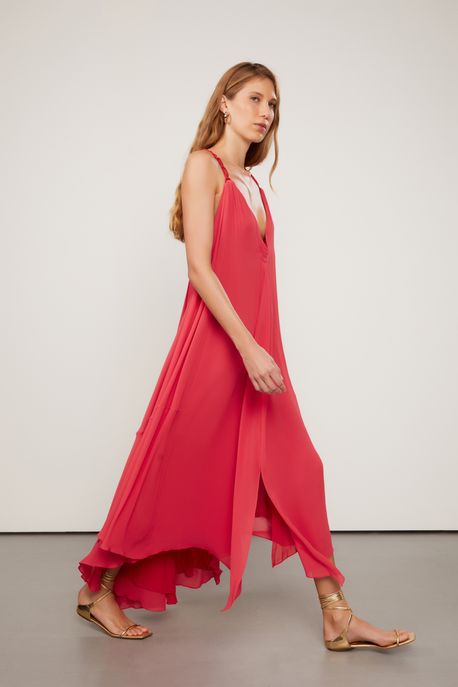 Vestido De Georgette Leve Longo Vermelho Alça De Macramê Vermelho Mistico - 40