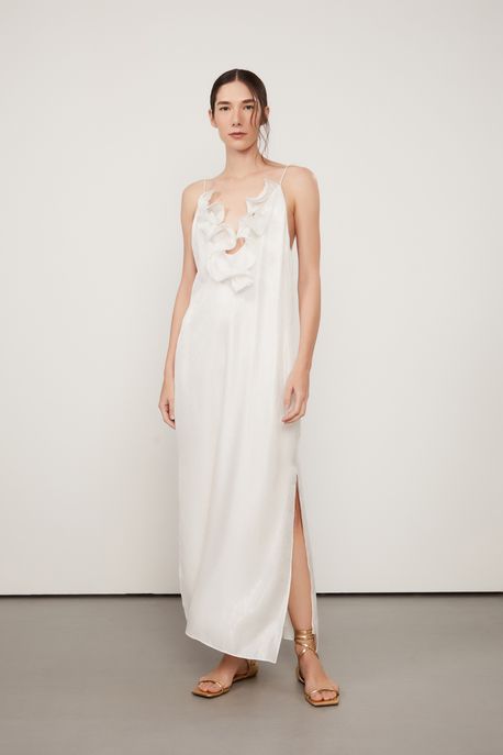 Vestido Jacquard Longo Off White Decote v Babados Off White - 40