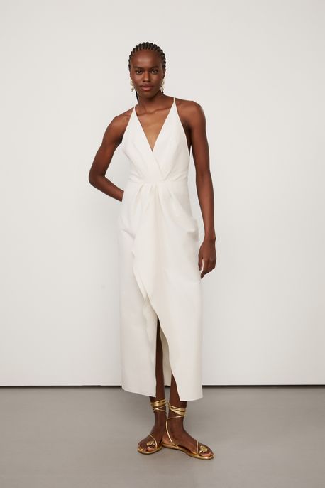 Vestido Midi De Linho Com Decote Bege Betula - 42