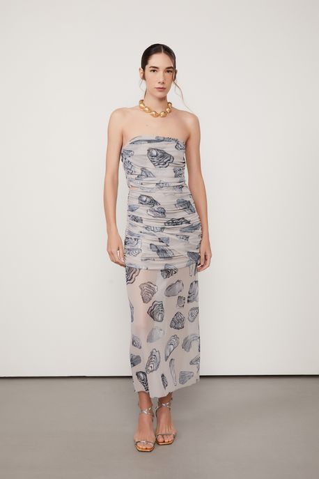 Vestido De Tule Estampado Sem Alca Est Fig Ostra Betula g - 42