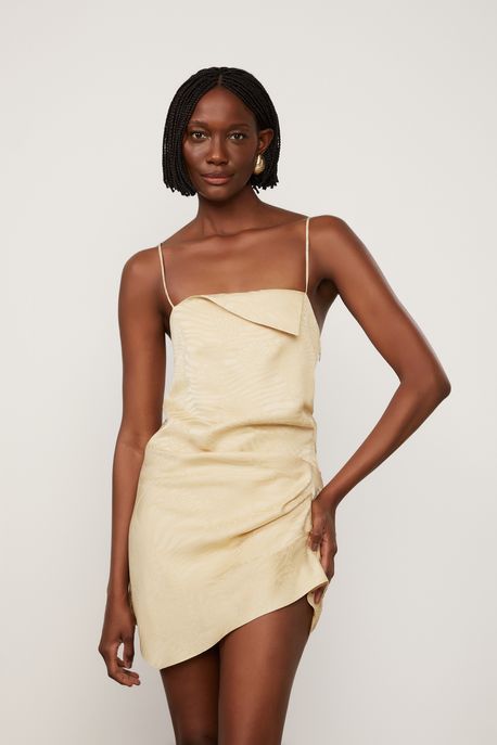 Vestido Jacquard Curto Bege Barra Assimétrica Cod Disponivel - 44