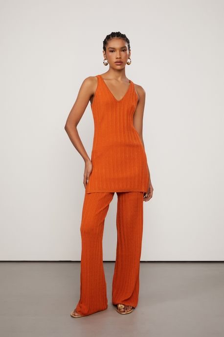 Calca Pantalona Lurex De Tricot Laranja Arte - G