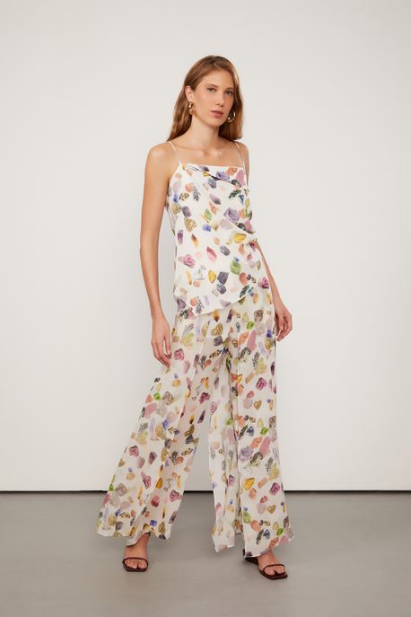 Calça De Georgette Leve Fluida Estampada Cintuta Alta Est Fig Mineral Kirli - 42