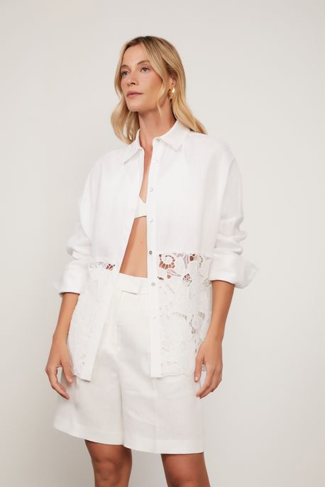 Camisa Manga Longa Com Barrado De Renda Branco - G