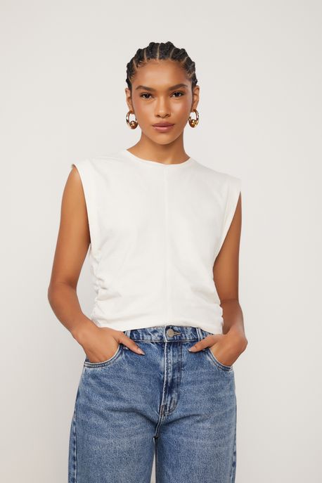 Blusa De Malha Muscle Tee Com Detalhe Franzido Off White - P