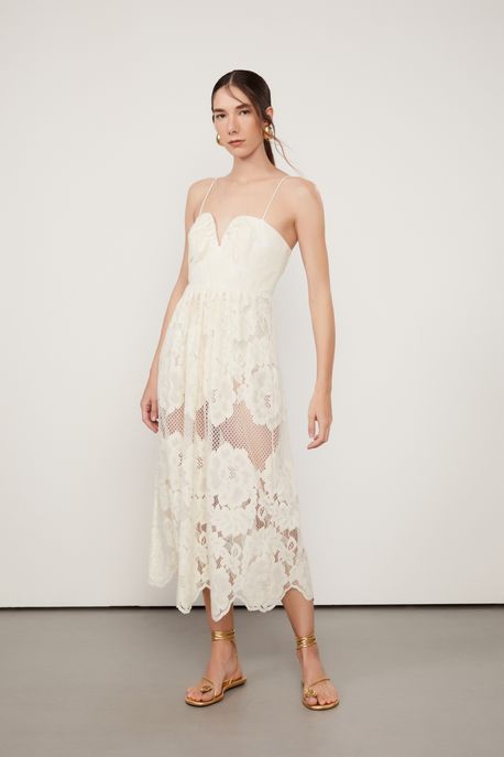 Vestido De Renda Midi Bege De Alça Bege Tofu - 36