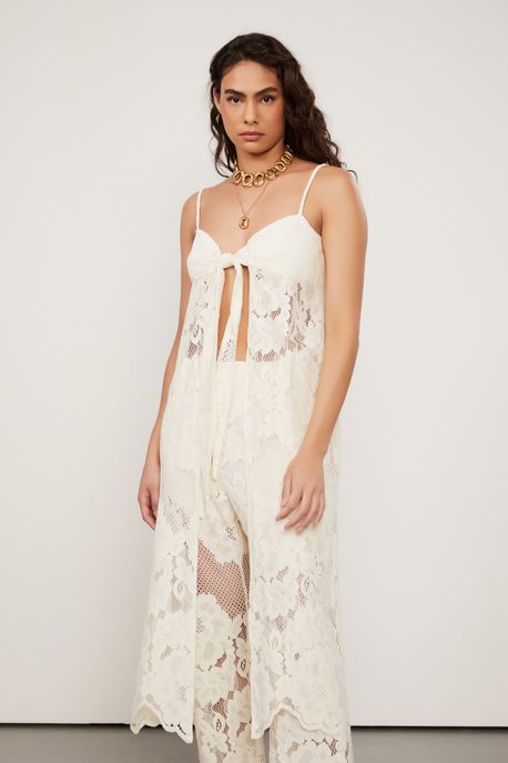 Túnica De Renda Midi Bege Amarração Frente Bege Tofu - 38