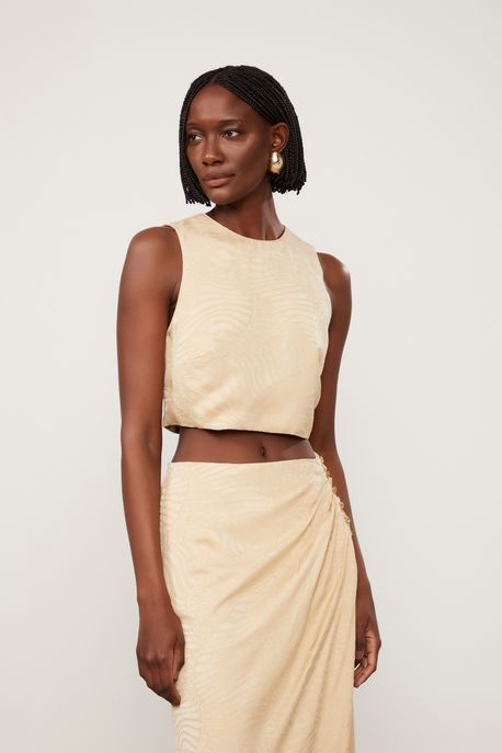 Top Jacquard Cropped Bege Fenda Costas Bege Golden - 42
