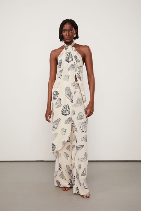 Túnica De Georgette Pesado Frente Única Estampada Est Fig Ostra Betula g - 44