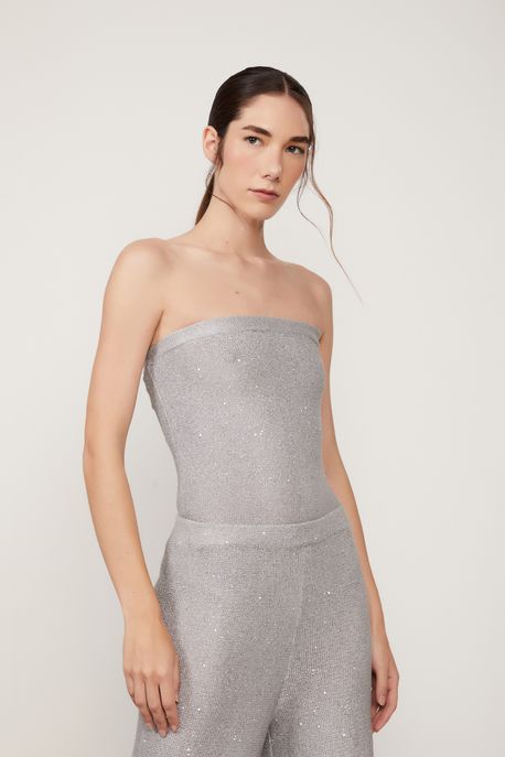 Body De Tricot Paetê Sem Alça Prata - P
