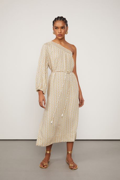 Vestido Midi Amplo Manga 3/4 Decote Um Ombro Só Detalhe Lurex Estampado Est Textura Soleil Tofu e Dourado - 36