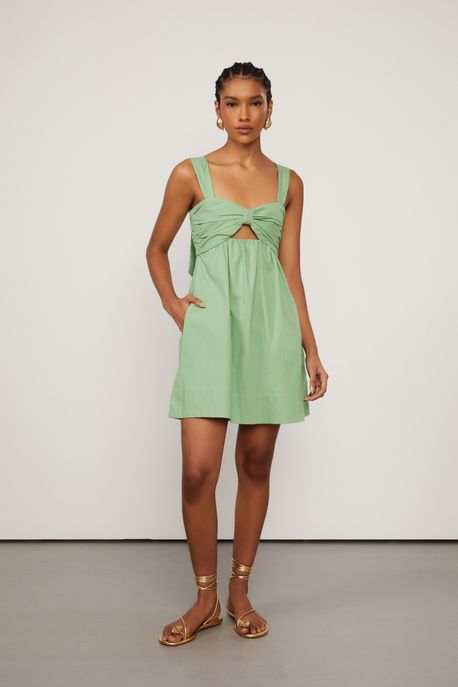 Vestido Curto De Alça Decote Reto Franzido De Algodão Verde Verde Summer - 36